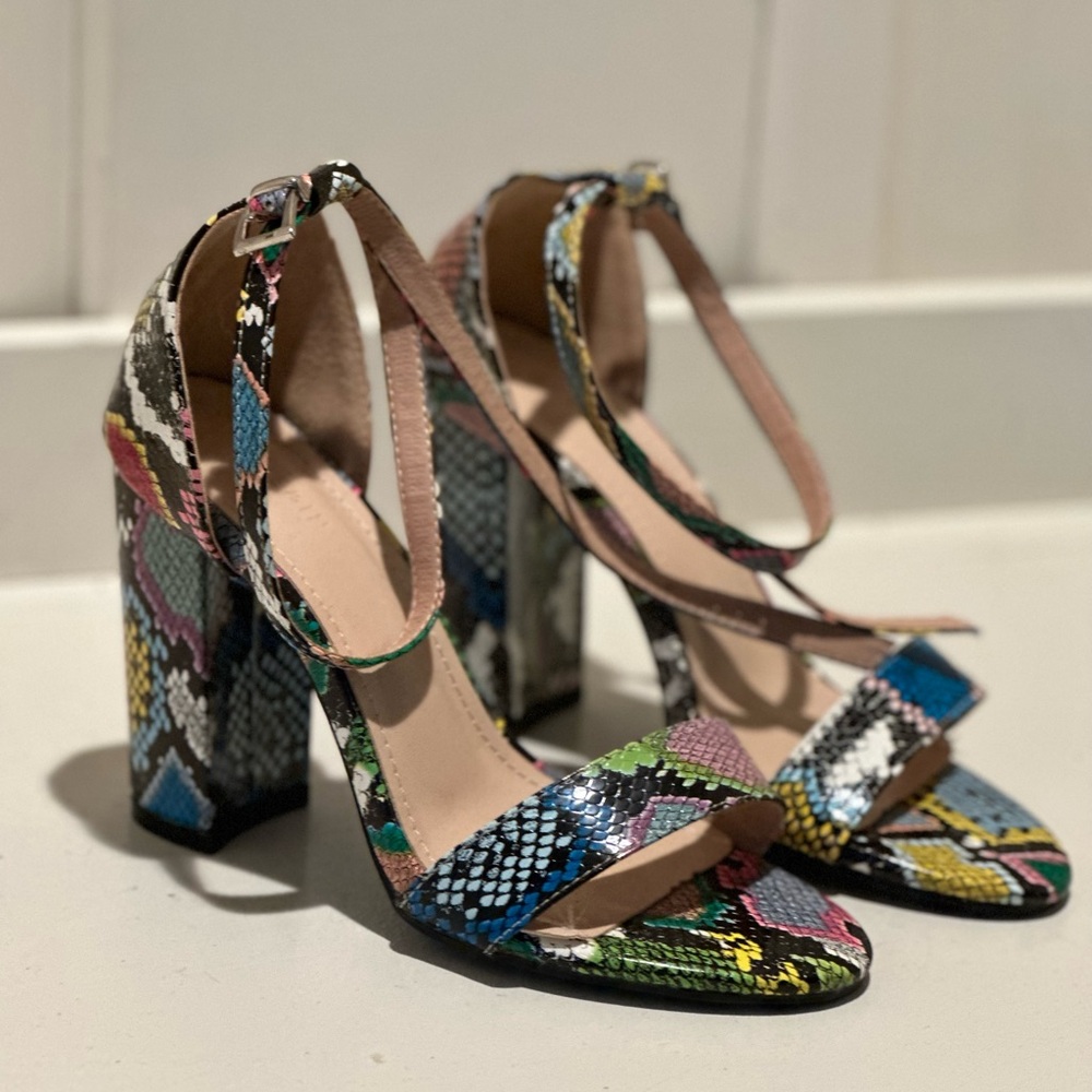 Multi Color Faux Snake Skin Chunky Heel